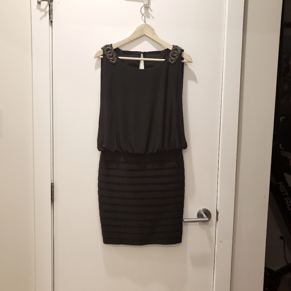 Fitted mini dress with draped upper bodice + open back, DA Nites, size 10, dusk